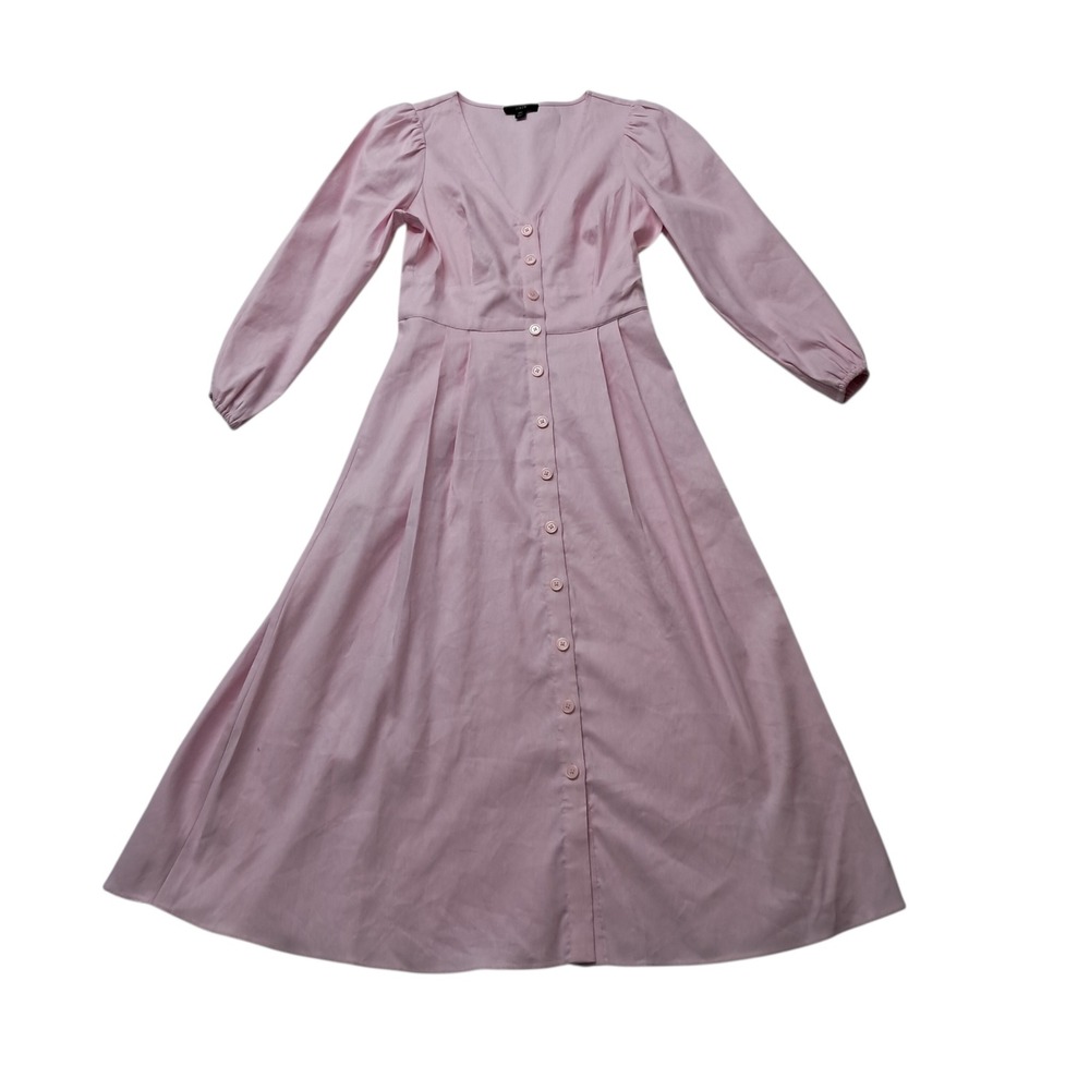 J. Crew Dress Womens 00 Pink Midi Stretch Viscose-Blend Puff Sleeve Button Front